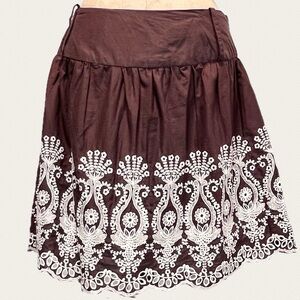 Chocolate brown 100%‎ cotton mini midi full a-line skirt embroidered floral